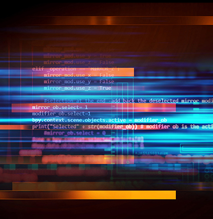 Leuchtende Querstreifen überdecken einen Programmiercode.